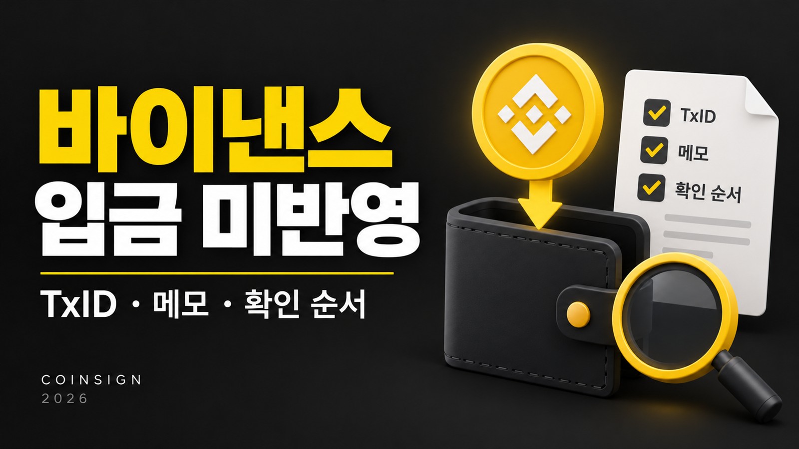 노란 코인이 지갑으로 들어가는 화살표와 TxID·메모 체크 문서를 배치한 입금 미반영 썸네일