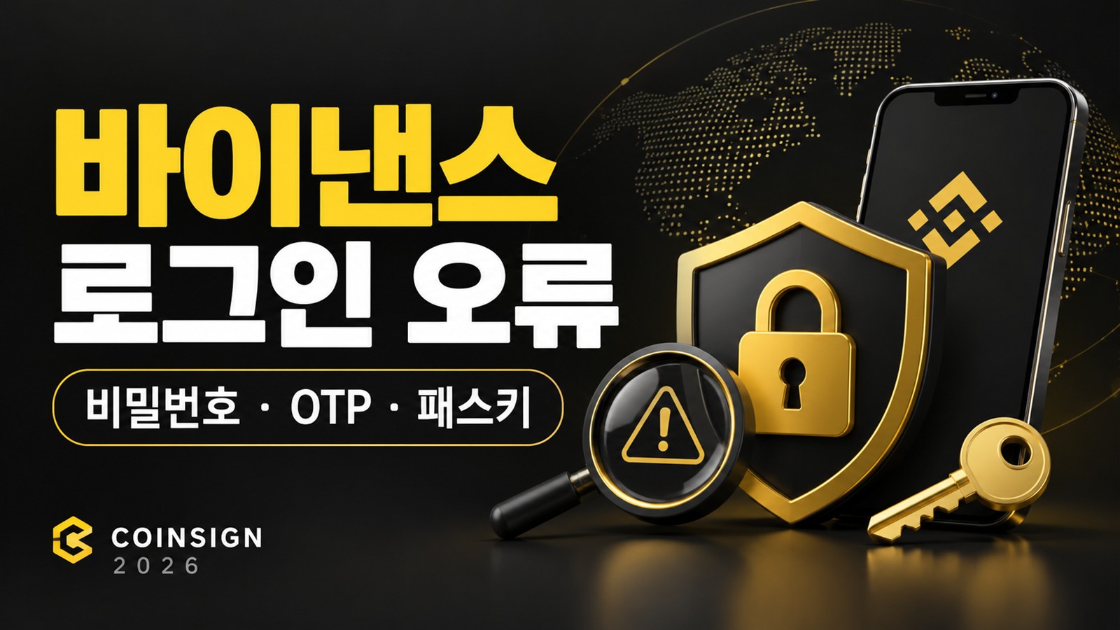 노란 자물쇠 방패·휴대폰·열쇠와 비밀번호·OTP·패스키 문구를 배치한 로그인 오류 썸네일